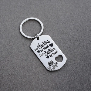 Detail of stainless steel rectangular keychain with sisters by heart engraving and cutout