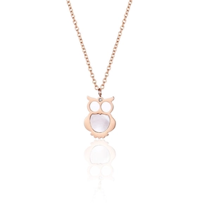 Rose gold owl pendant necklace with white shell inlay and zircon on white background