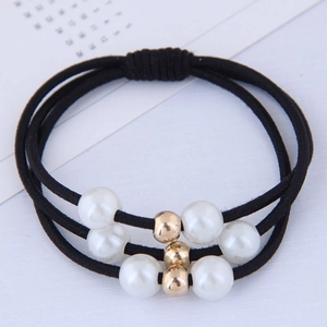 Three-piece set of high-elasticity hair ties with white pearls and gold metal beads