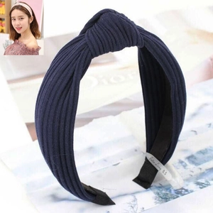 Navy blue ribbed knit knotted headband for women featuring stylish Korean minimalist design