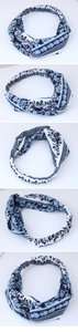 Blue floral cross knot elastic headband with bohemian pattern details in multiple views