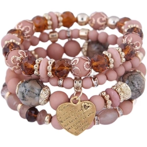 Mehrlagiges Perlenarmband mit rosa und bernsteinfarbenen Perlen und Ich liebe dich Anhänger