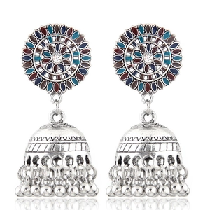 Bohemian Jhumka tassel earrings with colorful enamel floral pattern and vintage silver finish