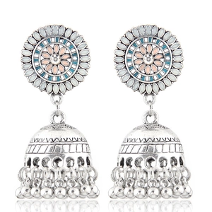 Bohemian Jhumka bell earrings with colorful floral enamel and silver bead tassels