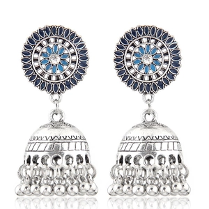Bohemian silver Jhumka earrings with blue floral enamel and bell-shaped metal tassels