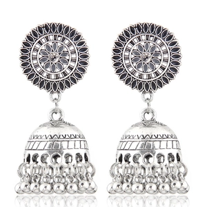 Bohemian Vintage Ethnic Jhumka Bell Tassel Earrings For Women Alloy Enamel Rhinestone Indian Style Hollow Out Drop Earrings