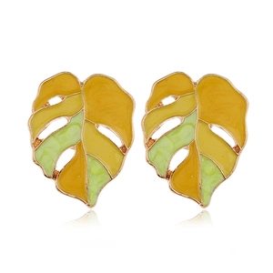 Minimalist gold-edged monstera leaf earrings with yellow and green gradient oil finish