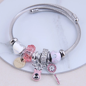 Chic multi-element twisted rope bracelet with pink elk charm and sparkling rhinestone details