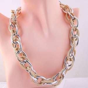 Chunky mixed metal chain necklace featuring textured gold and polished silver links