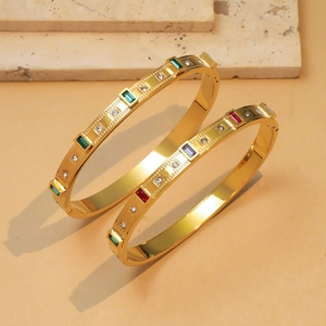 Luxury gold-plated titanium steel bangles set with emerald and colorful square crystals