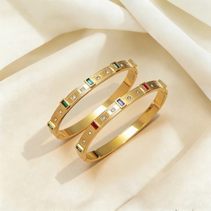Stainless Steel Gold Silver Plated Bangle With Emerald Green Colorful Square Cubic Zirconia Fashion Hinged Bracelet Women Jewelry