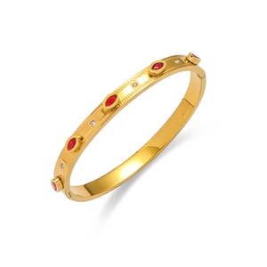 Bracelet jononc en acier titane doré avec pierres marquises rouges et zircons brillants