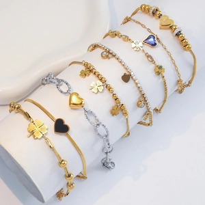Fashion Stainless Steel Heart Clover Evil Eye Bracelet For Women Gold Plated Zirconia Crystal Pendant Adjust Adjustable Bracelet Jewelry Gift