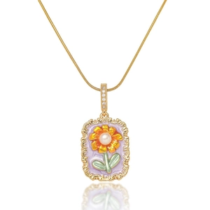 Collier style peinture à l'huile avec perle d'eau douce naturelle et cadre doré