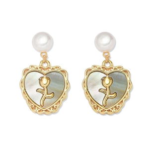 French vintage heart earrings with gold rose relief and freshwater pearls