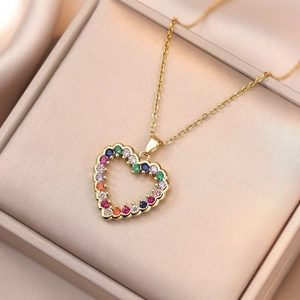 Collana Con Pendente A Cuore Cavo In Acciaio Al Titanio Con Zirconi Cubici Multicolore Gioielli Alla Moda Per Donna