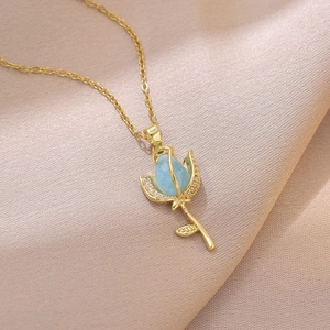 Elegant gold titanium steel necklace with a blue tulip flower pendant on silk