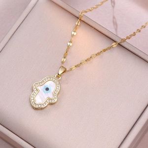 Collier Pendentif Main De Hamsa Mauvais Œil Pour Femmes Cuivre Avec Nacre Incrusté De Zircon Bijoux De Mode