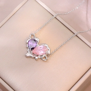 Heart Pendant Necklace Titanium Steel Irregular Molten Texture Pink Purple Teardrop Gemstones Fashion Jewelry For Women