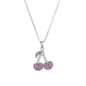 Chic silver cherry heart pendant necklace with pink and green gemstones on white backdrop