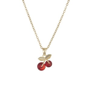 Charming red crystal cherry pendant necklace with gold leaves on thin chain for women