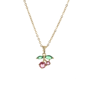 Chic gold cherry necklace with pink gemstone fruits and green crystal leaves