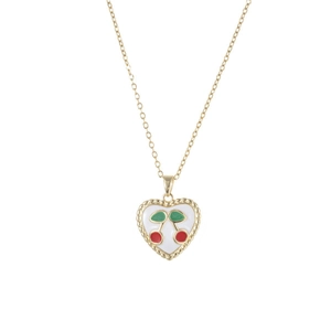 Golden necklace featuring a sweet heart pendant with white enamel and cherry detail