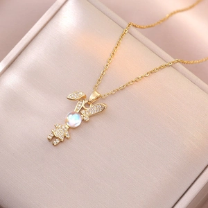 Cute Rabbit Girl Pendant Necklace Stainless Steel Zircon Inlaid Imitation Moonstone Fashion Jewelry For Women