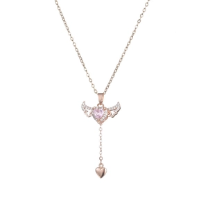 Elegant rose gold winged heart necklace with pink gemstone and crystal details