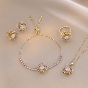 Rotating Sunflower Jewelry Set Stainless Steel Purple Zirconia Necklace Bracelet Ring Stud Earrings For Women Floral Jewelry