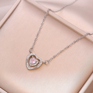 Pink Heart Zircon Necklace Stainless Steel Elegant Double Halo Micro Inlaid Pendant Fashion Jewelry Gift For Women