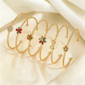 Fashion Stainless Steel Open Bangle For Women Zirconia Flower Butterfly Rose Bow Knot Adjustable Gold Silver Jewelry Gift