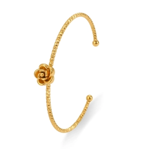 Elegant gold open bangle featuring a 3D rose flower with textured diamond-cut metal band