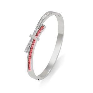 Elegant geometric titanium steel bangle with inlaid pink and clear cubic zirconia gems