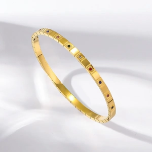 Golden titanium steel geometric bracelet with colorful crystals and square grid texture