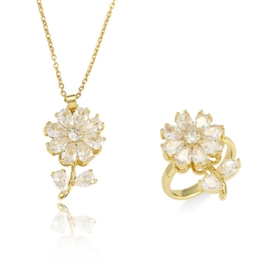 Gouden bloemen sieradenset met sneeuwvlok ketting en verstelbare ring met zirkonia steen