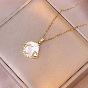 Collier Pendentif Rond Lune Cœur Femmes Incrustation Nacre Blanche Acier Inoxydable Bijoux Élégants