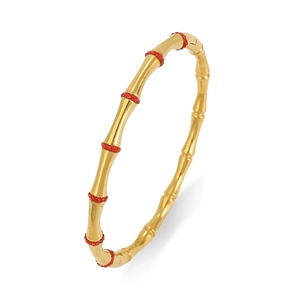 Detail van de goudkleurige bamboe armband met rode kristallen op een witte achtergrond