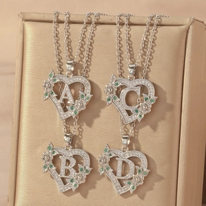 Zircon-studded heart pendant necklace set with letters A, B, C, D on gold silk
