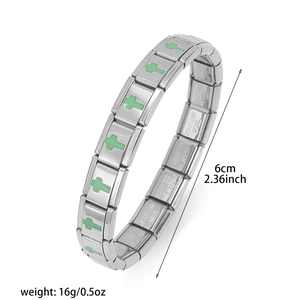 Italian charm bracelet with green cross modular links in polished stainless steel finish