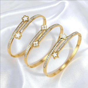 Mode Vergoldet Edelstahl Offener Armreif Für Damen Zirkonia Blume Stern Kleeblatt Eleganter Armreif Schmuck Geschenk