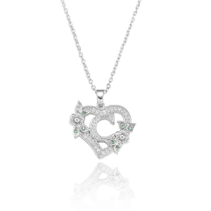 Silver heart necklace with letter C pendant, green gems and white zircon inlay