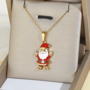 Cute Santa Claus pendant necklace with red enamel and zircons on a gold chain