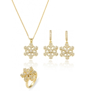 Elegantes Gold-Schneeflocken-Schmuckset mit Zirkonia-Halskette Ohrringen und Ring auf weiß