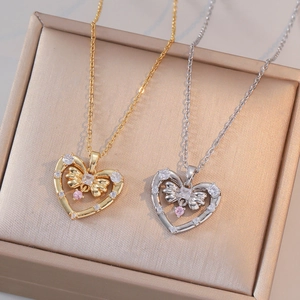 Stainless Steel Heart Bowknot Pendant Necklace For Women Light Luxury Elegant Zirconia Inlaid Fashion Jewelry Commute Accessory Gift