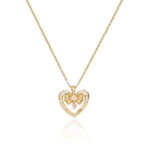 Elegant gold titanium heart and bow pendant necklace with sparkling zircons