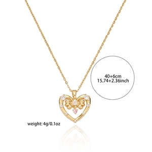 Elegant gold heart pendant necklace with bowknot and colorful zircon stones
