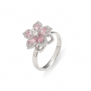 Detailed side view of silver flower ring with pink pear-cut petals and cubic zirconia