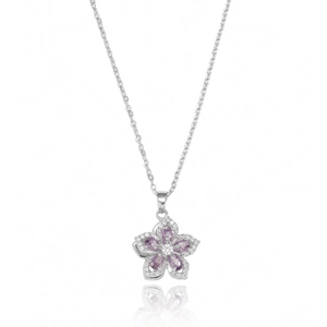 Detail of a rotating purple zircon flower pendant on a polished silver titanium necklace