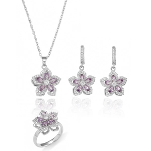 Rotating purple flower jewelry set with necklace earrings and ring in silver finish